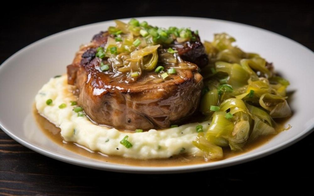 Smothered Pork Chops with Mash Potatoes  and Fried Cabbage