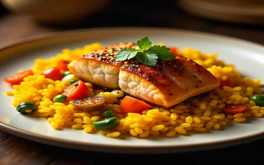 Brown Sgar Salmon with yellow rice and mixed vegetables